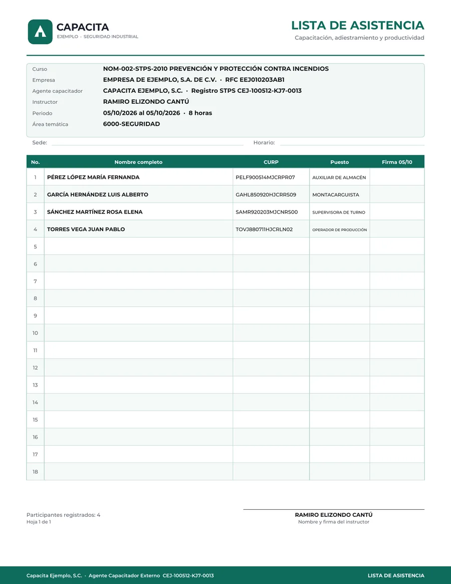 Lista de asistencia con los participantes del curso y espacio para firmas