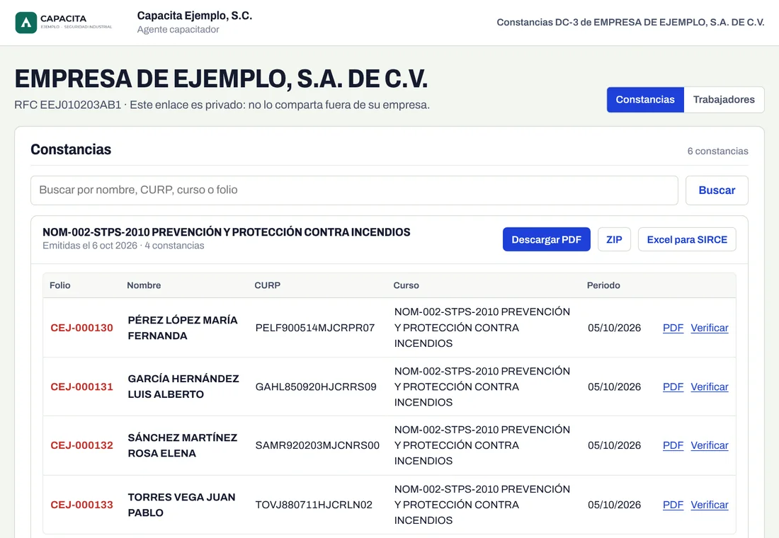 Pantalla del enlace del cliente con la lista de constancias para descargar