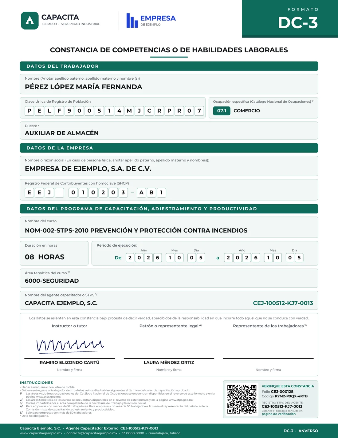 Constancia DC-3 con el logo y el color del agente capacitador, folio y código QR