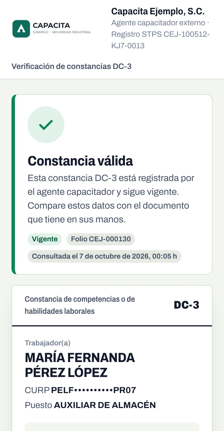 Página de verificación en un teléfono: constancia válida, con los datos del trabajador y del curso
